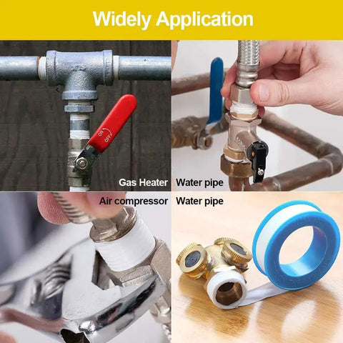 Plumbing Pro Thread Seal Tape For Leaks, PTFE Pipe Sealant Tape For Water Lines in use on various pipe fittings