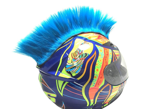 Fluorescent Neon Blue Mohawk Helmet Accessory With Sticky Hook And Loop Fastener Adhesive For Motorcycle Motocross Snowmobile ATV BMX And Bicycle Helmets Boosts Visibility Safety And That Boss Race Day Look attached to colorful helmet, side view.