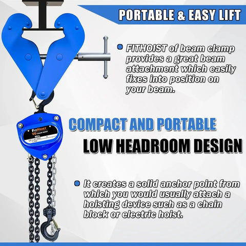 Heavy Duty I Beam Clamp 3 Ton Capacity With Adjustable Opening For Rigging shown with chain block attachment