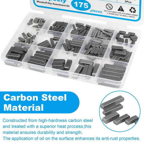 Woodruff Key Stock Assortment Kit With 175 Pieces In 15 Popular Sizes Carbon Steel Round Ended Feather Keys