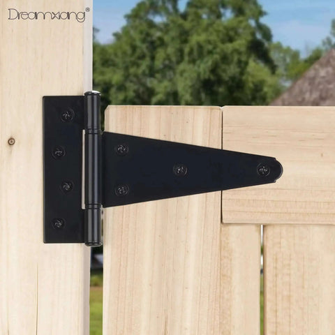 6 Inch T Strap Gate Hinges Tough As Nails Heavy Duty Barn Door Hardware on wooden gate, black powder coated iron