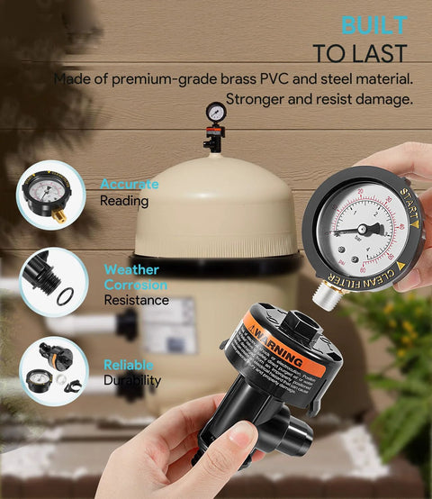 sixcow 98209800 high-flow manual relief valve with pressure gauge for pool and spa filter, front view