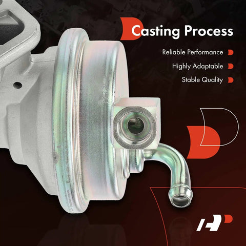 Side view of Mechanical Fuel Pump With Gasket for Chevy Camaro Impala Malibu Monte Carlo, 90-degree inlet, silver metal.
