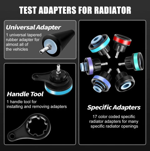 Adapters and handle tool from All In One Radiator Coolant Pressure Tester and Vacuum Refill Tool Kit Ready to Roll Pro Grade 28 Piece Set