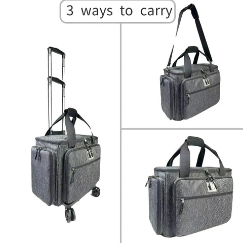 Rolling Sewing Machine Bag With Five 360 Degree Rotating Wheels And Hard Bottom Pad for versatile carrying options.