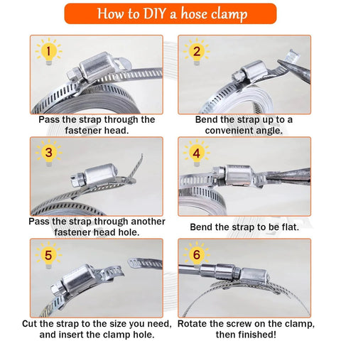 DIY hose clamps 12 foot 304 stainless steel metal strap assortment kit with 8 pcs stronger fasteners assembly steps