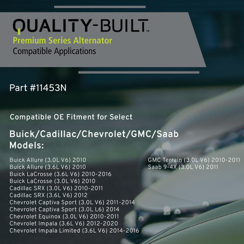 New 11453N Alternator For 2010 2020 GM Vehicles Including Buick Cadillac Chevrolet GMC Saab Equinox Terrain LaCrosse SRX Impala And More OE Spec Power, text overlay on car image