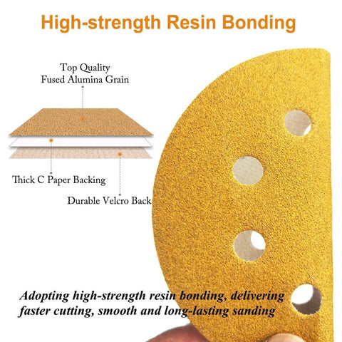 Close-up of 5-Inch 220 Grit Hook and Loop Sanding Discs 8-Hole Random Orbit 100 Pack showing high-strength resin bonding.