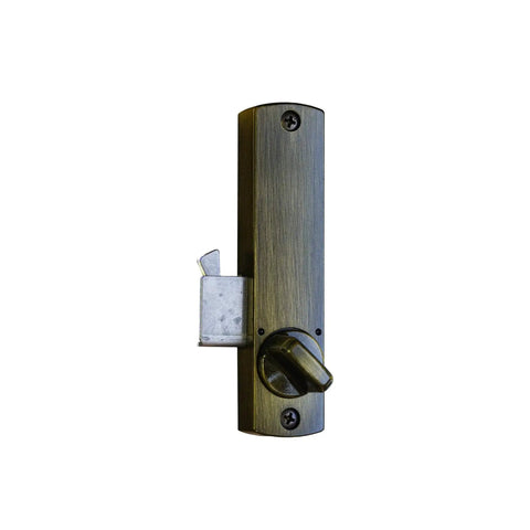 Front view of Keyless Surface Mount Hook-Bolt Lock For Sliding Doors In Antique Brass