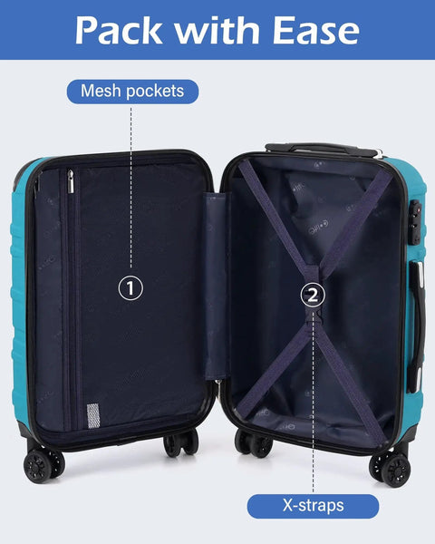 Inside view of Lake Blue Three Piece Hardside Luggage Set By Coolife With TSA Lock showing mesh pockets and X-straps for packing