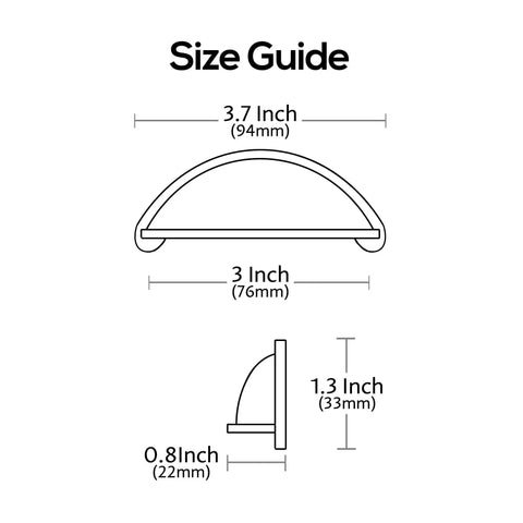Size guide for Brushed Satin Nickel Cabinet Cup Pulls 10 Pack With 3 Inch Hole Centers 76mm, showing dimensions in inches and mm.