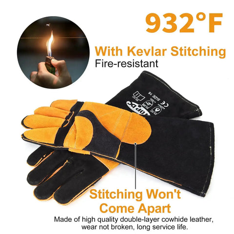 16 Inch Extreme Heat Resistant Leather Welding Gloves With Kevlar Reinforcement And Double Stitching For Mig Tig Stick Welding