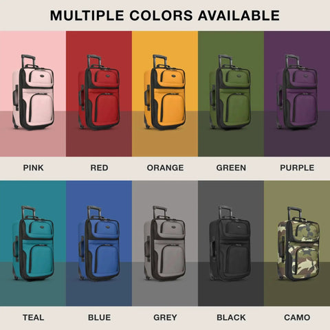 Multiple colors of lightweight rolling luggage on display including teal, part of the teal lightweight softside carry on with 2 wheel system.