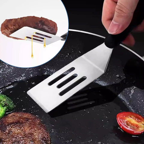 Two Piece Mini Spatula Set In Stainless Steel, Handy Metal Spatulas For Cooking And Serving, Perfect For Pancakes, Eggs, Brownies, Cookies, Desserts And Small Pans, Heat Resistant Non Slip Handle being used in a frying pan.