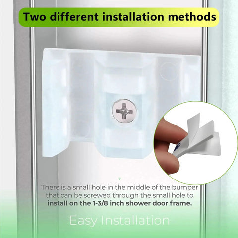 Close-up of an 8 Pack Clear Shower Door Bumper with screws and adhesive showing two installation methods on a glass door.