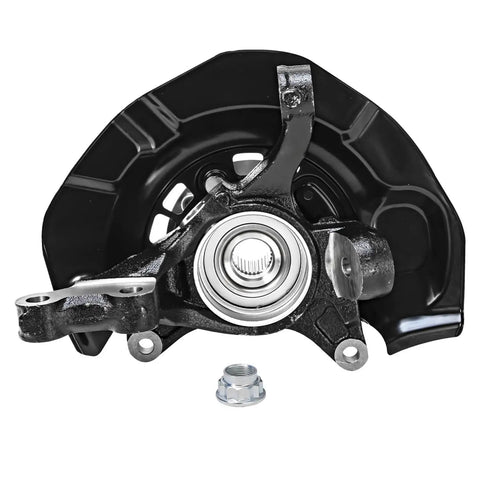 Front view of black steering knuckle and wheel hub assembly for 2007-2011 Toyota Camry and 2007-2012 Lexus ES350 replacement