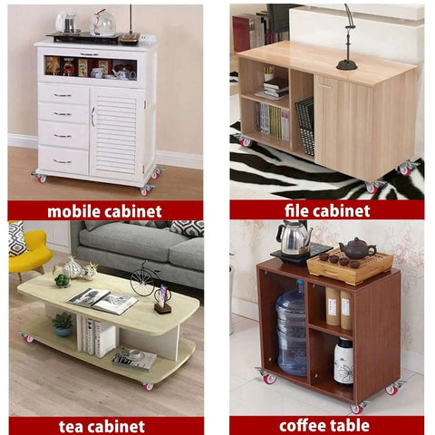 Furniture on heavy duty 2 inch caster wheels set of 4 with brake for 800lb load, featuring mobile, file, tea, and coffee cabinets.