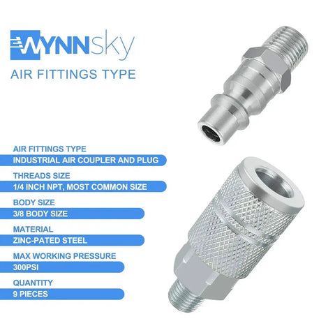Heavy Duty 3 By 8 Inch High Flow Air Coupler And Plug Kit With 1 By 4 Inch NPT Threads, Steel 9 Piece Air Compressor Hose Fittings