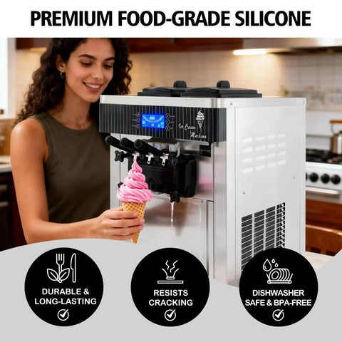 Woman using soft serve ice cream machine with focus on 15 Piece Soft Serve Ice Cream Machine Repair Kit With O Rings Gaskets Seals And Tubes Premium Food Grade Silicone Leak Resistant Easy Install All In One For Commercial And Home Use.
