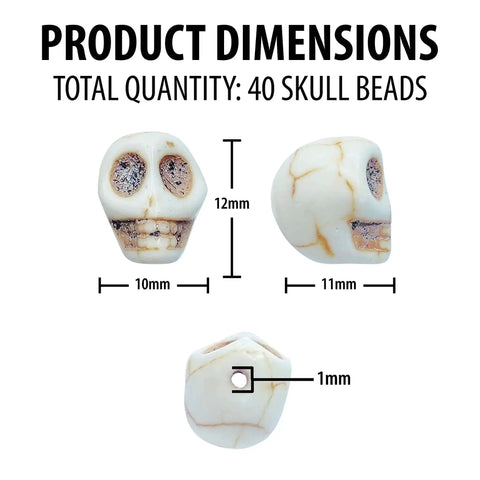 Image showing 40 Pack 12mm White Skull Beads For Jewelry Making Howlite Skeleton Beads dimensions with front, side, and drilled hole view.