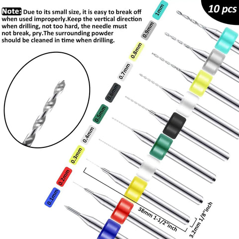 57 Piece Micro Hand Drill Bits Set With Pin Vise For DIY Jewelry Resin Crafts And Tiny Hole Projects Includes 46 Micro Twist Drill Bits And 10 PCB Mini Bits Aluminum Alloy Pin Vise Hand Drill Kit Pro Grade, showing detailed drill bits with measurements and colors.