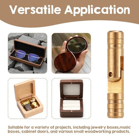 Hidden Brass Barrel Hinges Set, 25 Pieces, 20x4mm Invisible Concealed Cylinder Hinges With 135 Degree Opening For DIYers And Makers Working On Jewelry Boxes Cabinets And Small Woodworking Projects Ptwola, shown near woodworking box samples.