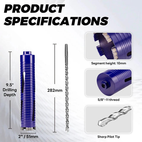 Pro Grade 2 Inch Diamond Core Drill Bit Kit with Pilot Bit and Adapters for SDS Plus, 9.5 Inch Depth Specification Details