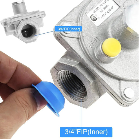 Adjustable Three Quarter Inch Natural Gas Pressure Regulator Works With NG And LPG For Four WC NG And Ten WC LPG Half PSI Built For Commercial Or Domestic Gas Stoves Easy Dial Adjustment Inlet To Outlet Connections For Safe Stove Operation image showing 3/4 inch FIP inner connection.