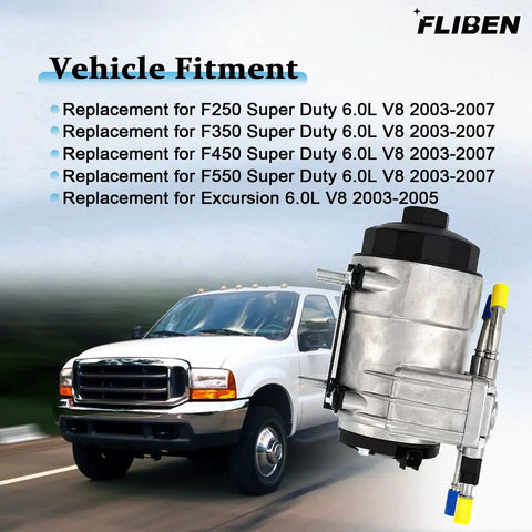 Diesel Fuel Pump Assembly For Ford Super Duty F250 F350 F450 F550 And Excursion 2003 To 2007 6.0L V8 Replacement shown next to truck