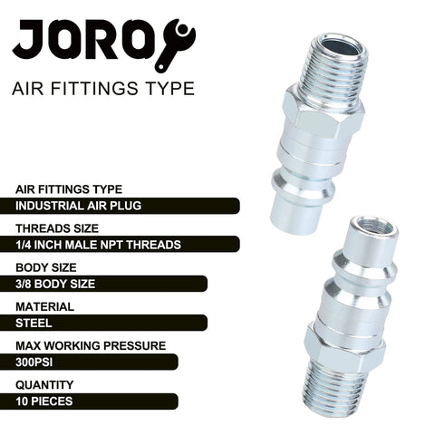 JOROY air fittings plug, industrial 3/8 in high-flow, 1/4 in male NPT threads, steel, 10 pcs