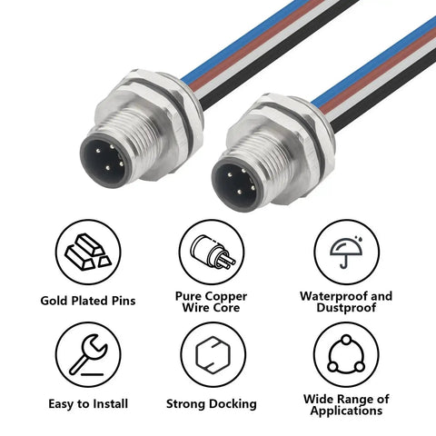 M12 4 Pin A Code Male Connector Cable 0.2M IP67 Waterproof Industrial Circular Connector Built Tough Back Mount Straight Unshielded Aviation Socket Sensor Receptacle 2 Pack with gold-plated pins and copper core, waterproof design.