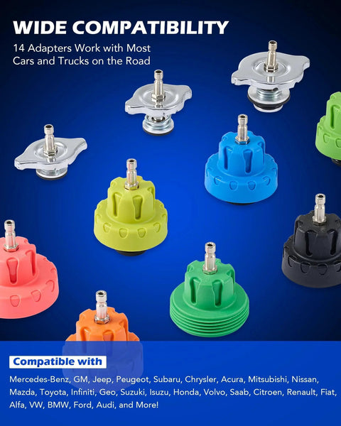 14 radiator adapters from 26 Piece Coolant Pressure Tester Kit with various colors displayed for wide compatibility with multiple car brands.