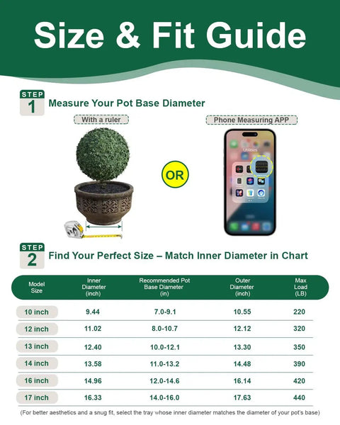 Size and fit guide for Heavy Duty Rolling Plant Caddy With Wheels 12 Inch Plant Stand Supports Up To 320 Lbs Durable Metal Construction.