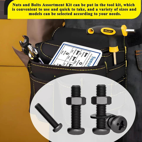 516 Piece Nuts And Bolts Hardware Kit With 21 Sizes M3 M4 M5 M6 Phillips Pan Head Fasteners And Washers showcased in a toolkit