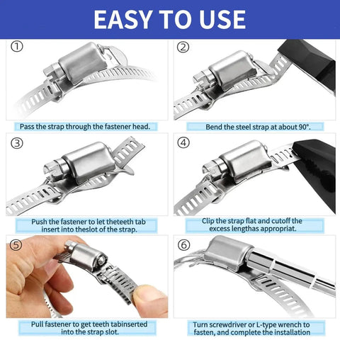 Installation steps for 304 Stainless Steel Hose Clamp Kit With 33 Foot Metal Strap, 20 Fasteners And L Socket Wrench.