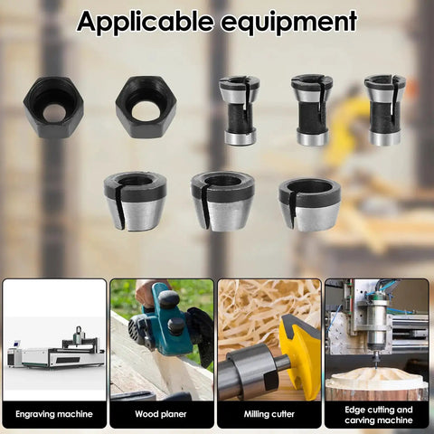Eight Piece Router Collet Chuck Set With Pro Grade High Precision Trimmer Adapters In 6mm 6.35mm And 8mm Carbon Steel Includes Two Nuts