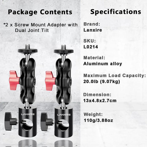Quarter Inch Screw Mount Adapter Kit With Dual Joint Tilt for C Stand Boom Arm, aluminum construction, product details.