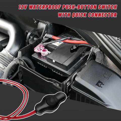 Engine bay with 12V Waterproof Push Button Switch With Quick Connector for LED Accent Lighting, attached to car battery.