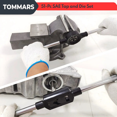 Jumbo 51 Piece Tap And Die Set For 1 4 20 To 1 14 SAE Threads with T handle wrench in metal repair process