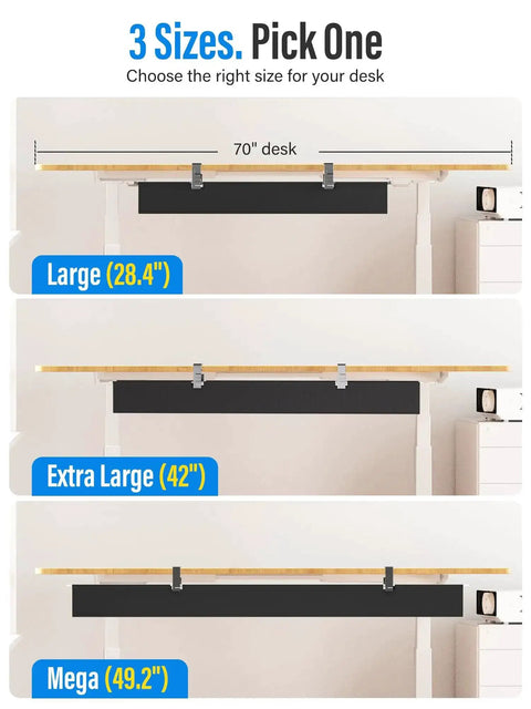 Image showing three under desk cable trays labeled Large (28.4"), Extra Large (42"), and Mega (49.2") for wire management, black fabric hider.