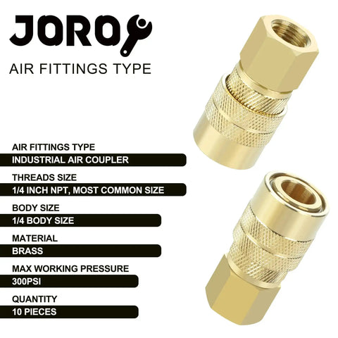 Two brass air hose fittings from a 10-piece set, 1/4 inch body size M type plug NPT female threads for DIY projects and professional use.