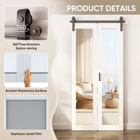 Bifold Barn Door With Mirror Panels And Hardware Kit For Closets And Rooms 40 By 84 Inches Sleek White Modern Style Durable MDF