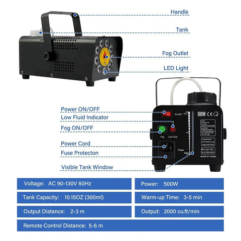 Diagram of 500W Fog Machine With 9 LED Lights And 12 Color Effects For Halloween Weddings Parties And DJ Stages showing components and specs