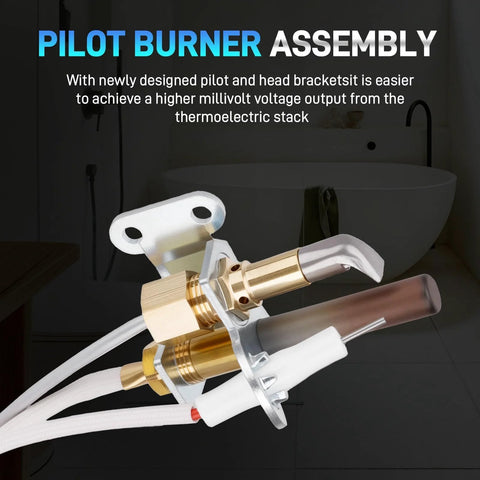 Pilot burner assembly for water heater with thermopile and sparker; brass and stainless steel components.