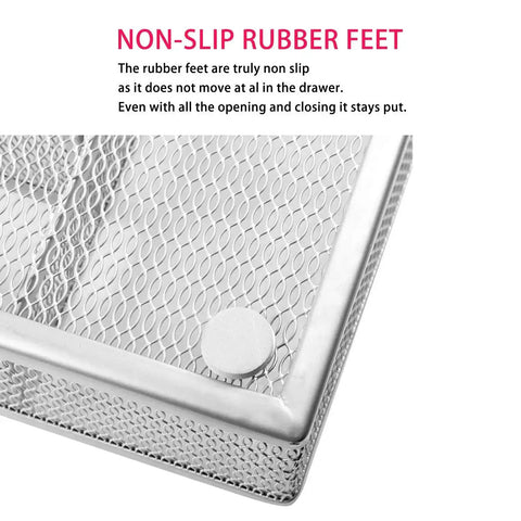 Close-up of Durable Mesh Wire Cutlery Drawer Organizer With Non Slip Foam Feet Five Compartment Silverware Tray corner detail
