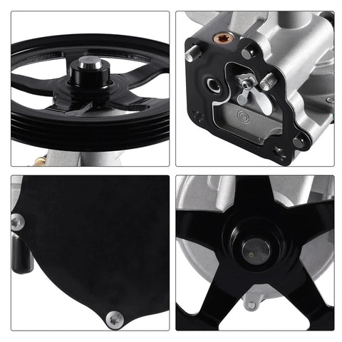 TAUTOY vacuum pump pulley, black multi-groove wheel, front view
TAUTOY vacuum pump housing interior view with mounting bolts
TAUTOY vacuum pump cover plate, black with screws
TAUTOY vacuum pump drive end, black star-shaped pulley on silver housing