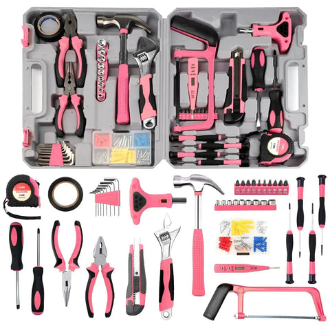 Open compact case showing the Pink 103 Piece DIY Tool Kit in a Compact Storage Case Built For Women And Beginners for quick fixes.