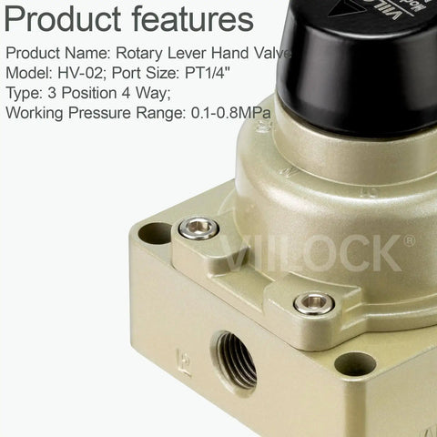 Close-up of Rotary Lever Hand Valve HV-02 Three Position Four Way 1/4 Inch NPT Pneumatic Manual Control Air Flow Valve, aluminum body