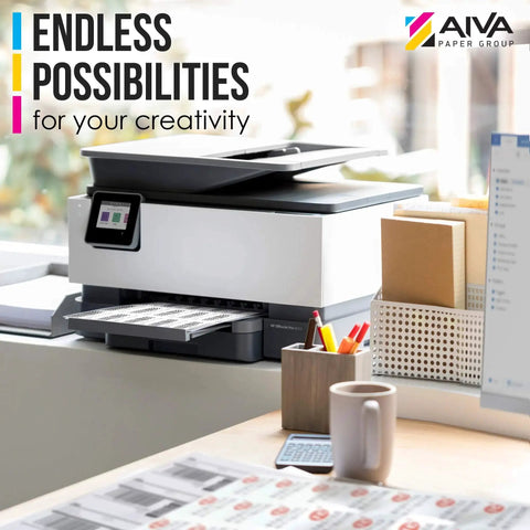 Printable Vinyl Sticker Paper For Laser Printers Glossy White 30 Self Adhesive Sheets Waterproof Decal Paper shown with laser printer in office setting.