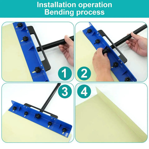 Hands using 15.25 Inch Sheet Metal Hemming And Bending Tool For Roofing Panels And HVAC Duct Fabrication with rulers, step-by-step process